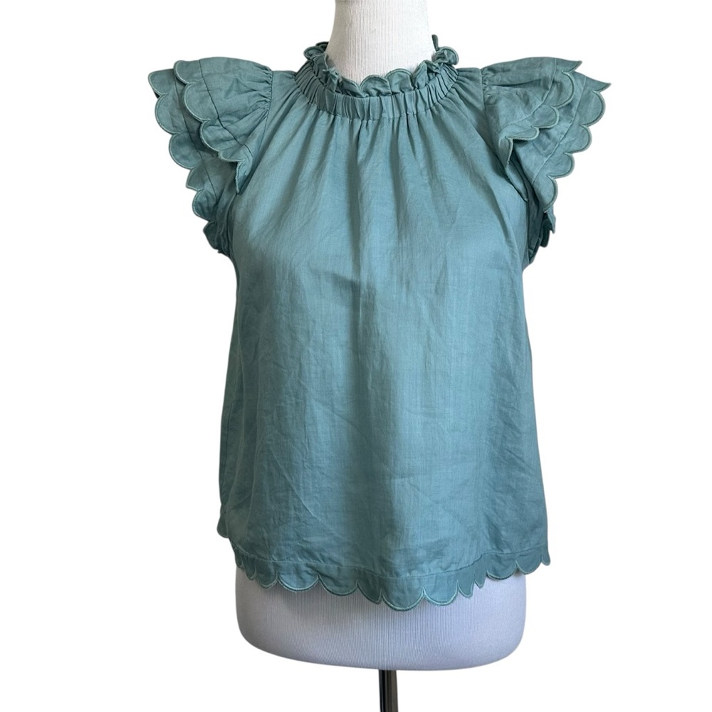 Sea New York Ramie Scalloped Fluttered Sleeve Top Sz XS Green Ruffled Mock Neck